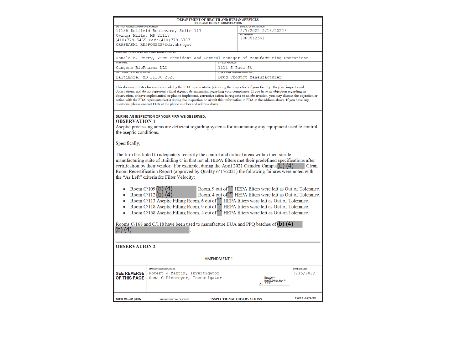 Example FDA 483 document